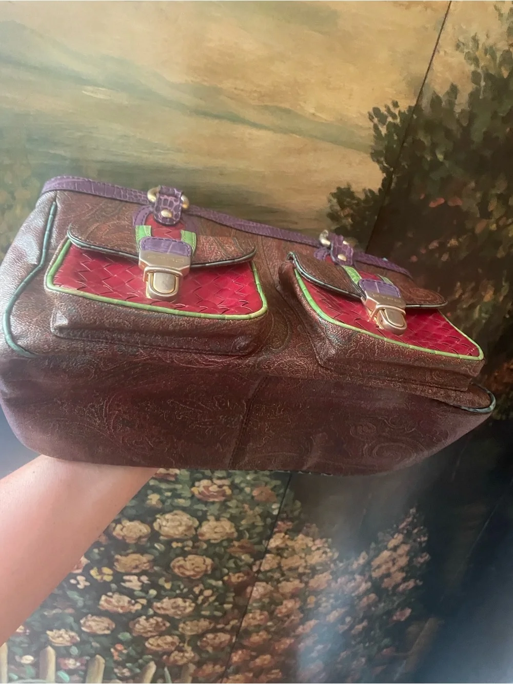 ETRO MILANO Vintage Brown Satchel with Purple Handles and Red Front Pockets